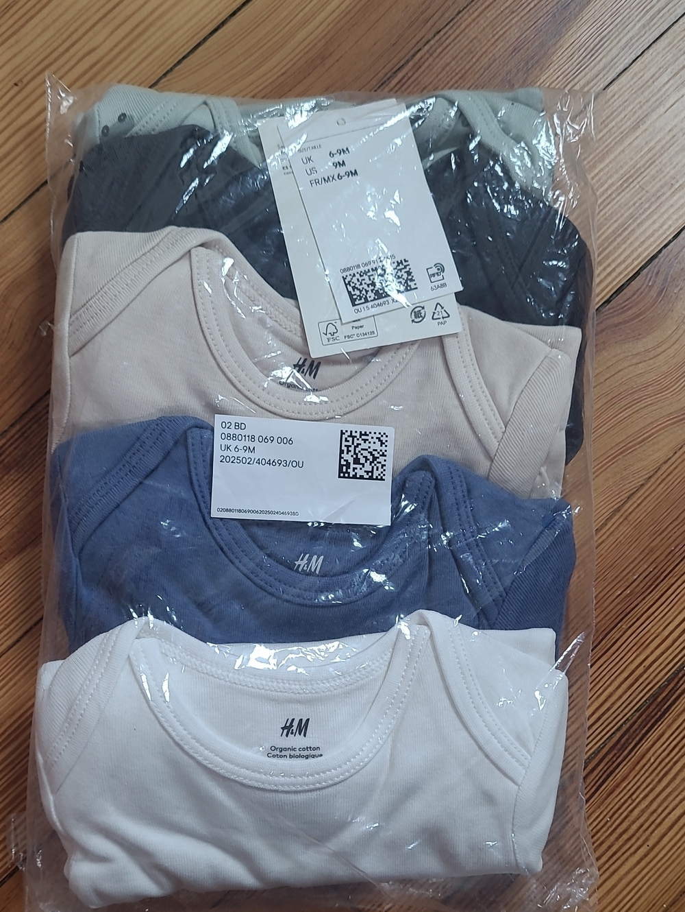 H&M Baby 5-Pack Cotton Bodysuits in White, Blue, Beige, and Black Size 6-9 M